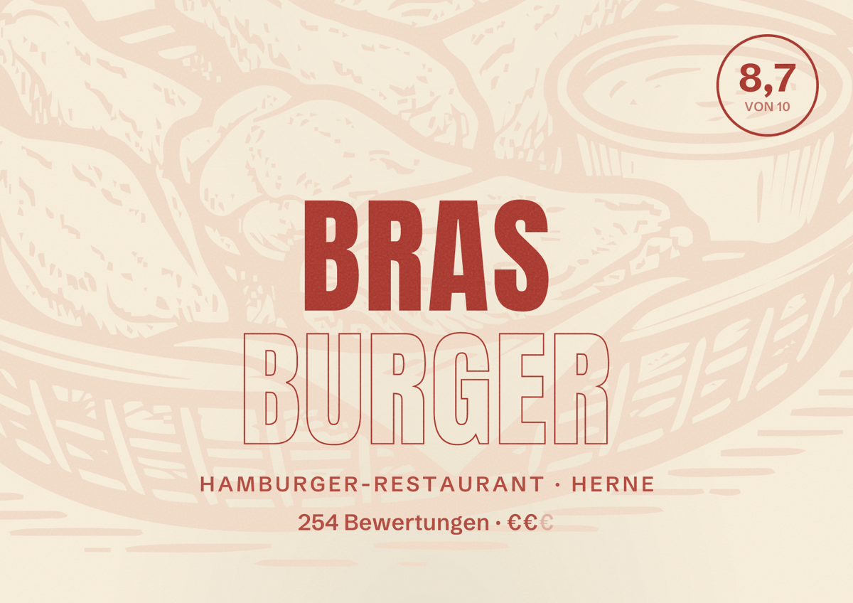 Illustriertes Poster von Bras burger, Hamburger-Restaurant in Herne: Bewertung 8,7 von 10 aus 254 Bewertungen, Preisniveau €€
