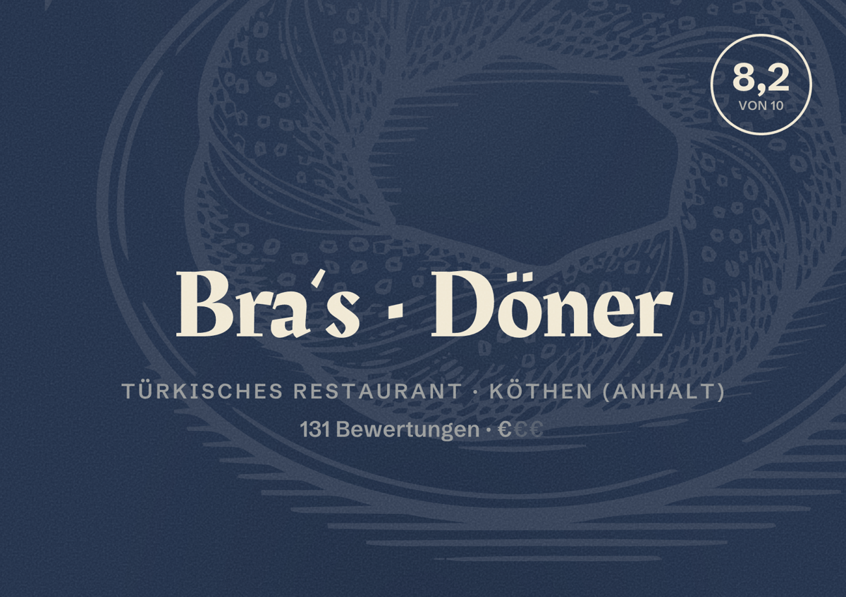 Illustriertes Poster von Bra‘s Döner, Türkisches Restaurant in Köthen (Anhalt): Bewertung 8,2 von 10 aus 131 Bewertungen, Preisniveau €