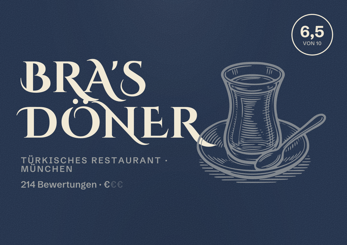 Illustriertes Poster von Bra's Döner, Türkisches Restaurant in München: Bewertung 6,5 von 10 aus 214 Bewertungen, Preisniveau €