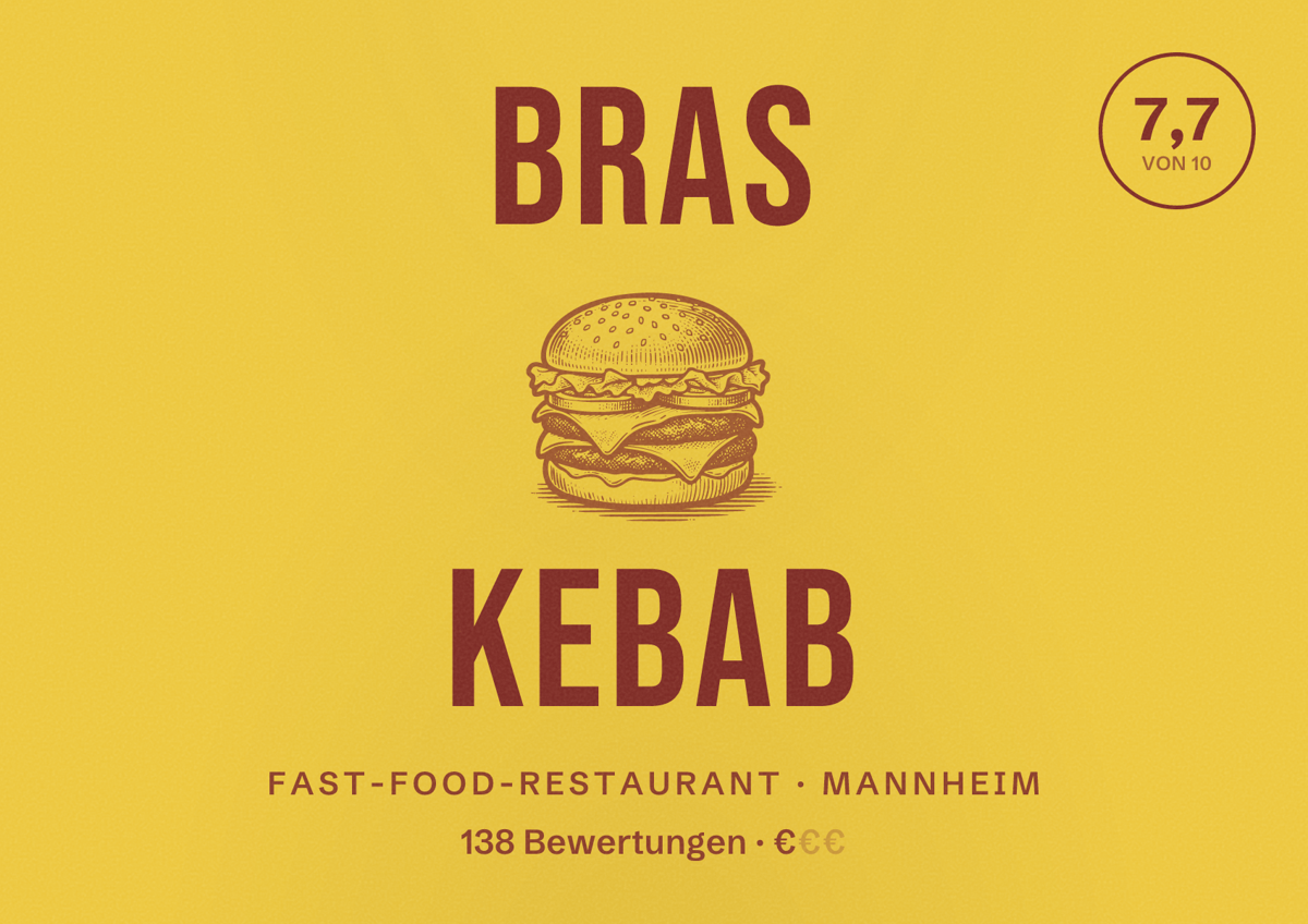 Illustriertes Poster von Bras Kebab, Fast-Food-Restaurant in Mannheim: Bewertung 7,7 von 10 aus 138 Bewertungen, Preisniveau €