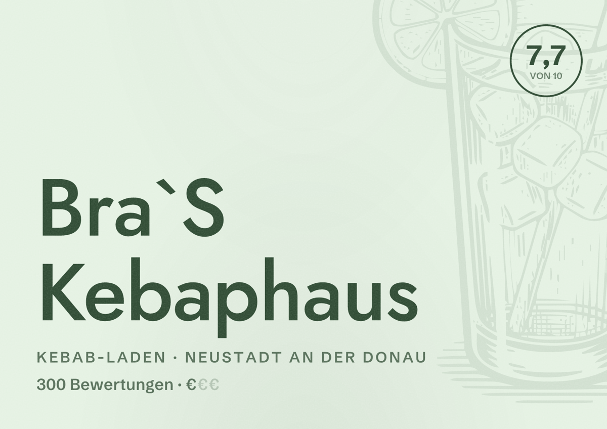 Illustriertes Poster von Bra`S Kebaphaus, Kebab-Laden in Neustadt an der Donau: Bewertung 7,7 von 10 aus 300 Bewertungen, Preisniveau €