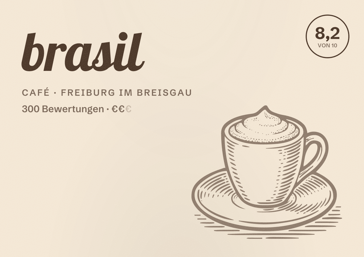 Illustriertes Poster von brasil, Café in Freiburg im Breisgau: Bewertung 8,2 von 10 aus 300 Bewertungen, Preisniveau €€