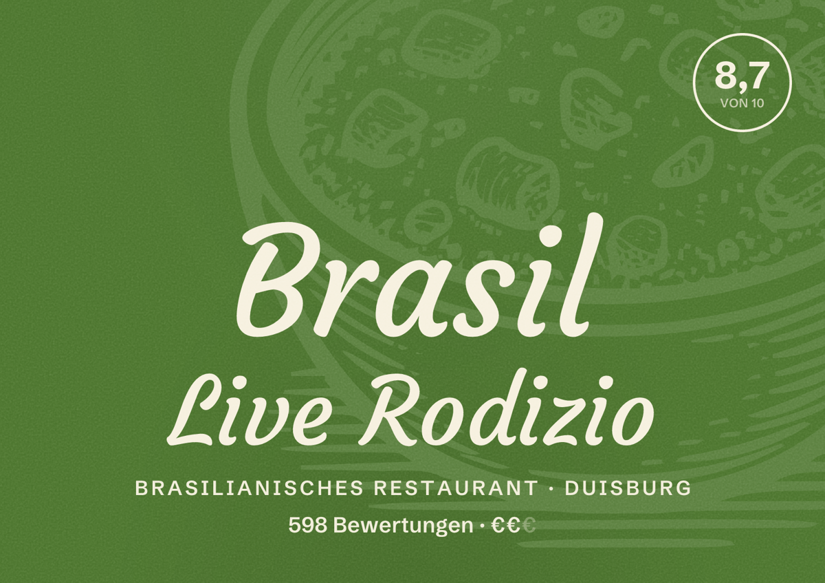 Illustriertes Poster von Brasil Live Rodizio, Brasilianisches Restaurant in Duisburg: Gästebewertung 8,7 von 10 aus 598 Bewertungen