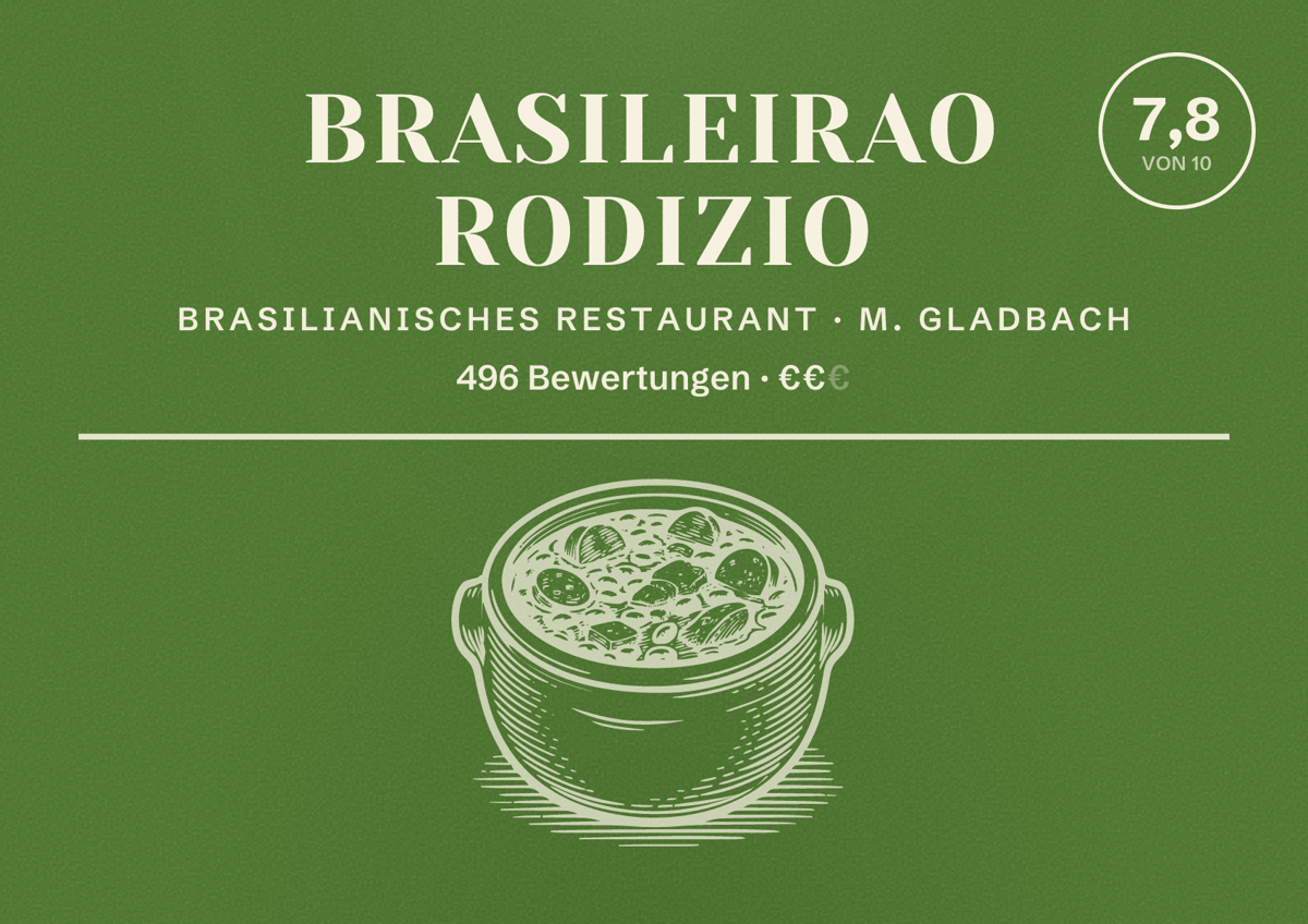 Illustriertes Poster von Brasileirao Rodizio, Brasilianisches Restaurant in M. Gladbach: Bewertung 7,8 von 10 aus 496 Bewertungen, Preisniveau €€