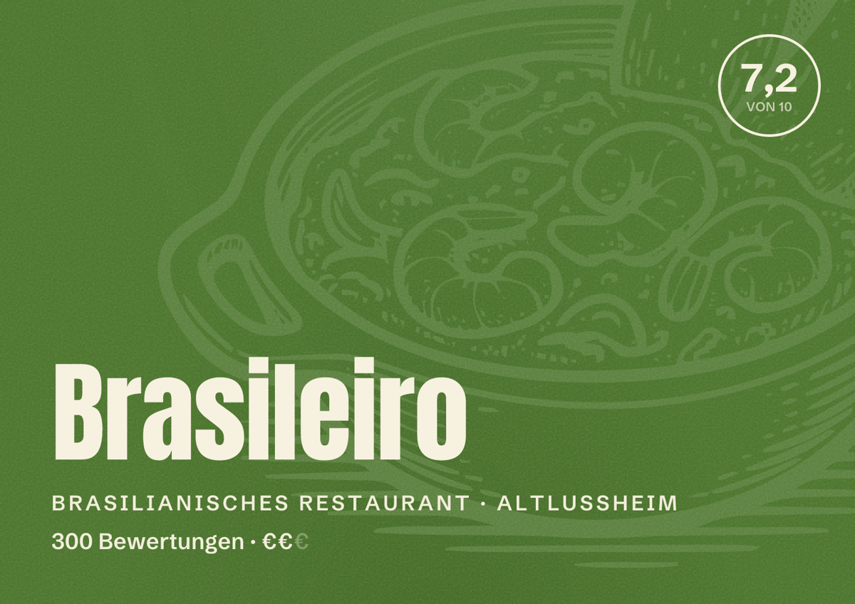 Illustriertes Poster von Brasileiro, Brasilianisches Restaurant in Altlußheim: Bewertung 7,2 von 10 aus 300 Bewertungen, Preisniveau €€