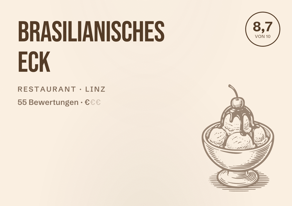 Illustriertes Poster von Brasilianisches Eck, Restaurant in Linz: Bewertung 8,7 von 10 aus 55 Bewertungen, Preisniveau €