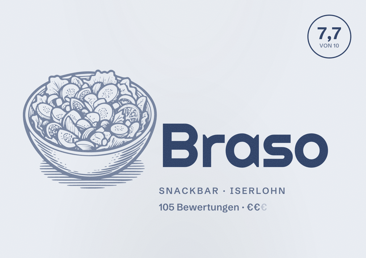 Illustriertes Poster von Braso, Snackbar in Iserlohn: Bewertung 7,7 von 10 aus 105 Bewertungen, Preisniveau €€