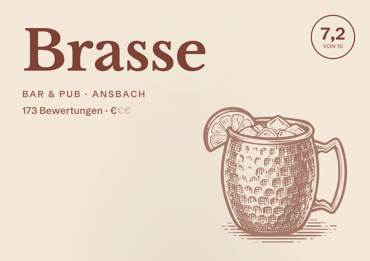 Illustriertes Poster von Brasse, Bar & Pub in Ansbach: Bewertung 7,2 von 10 aus 173 Bewertungen, Preisniveau €