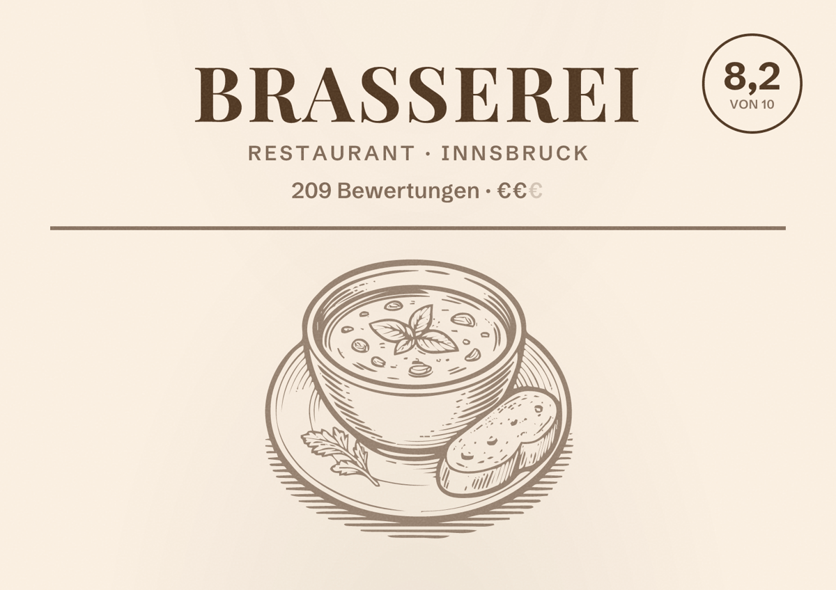Illustriertes Poster von Brasserei, Restaurant in Innsbruck: Bewertung 8,2 von 10 aus 209 Bewertungen, Preisniveau €€