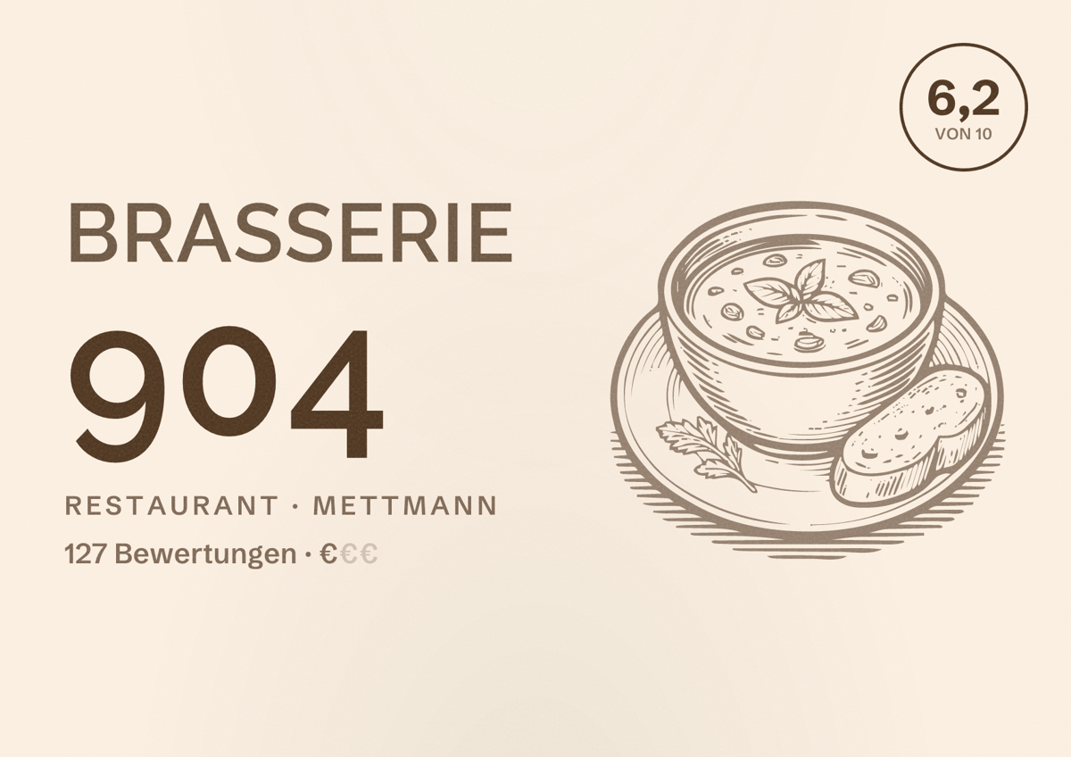 Illustriertes Poster von Brasserie 904, Restaurant in Mettmann: Bewertung 6,2 von 10 aus 127 Bewertungen, Preisniveau €