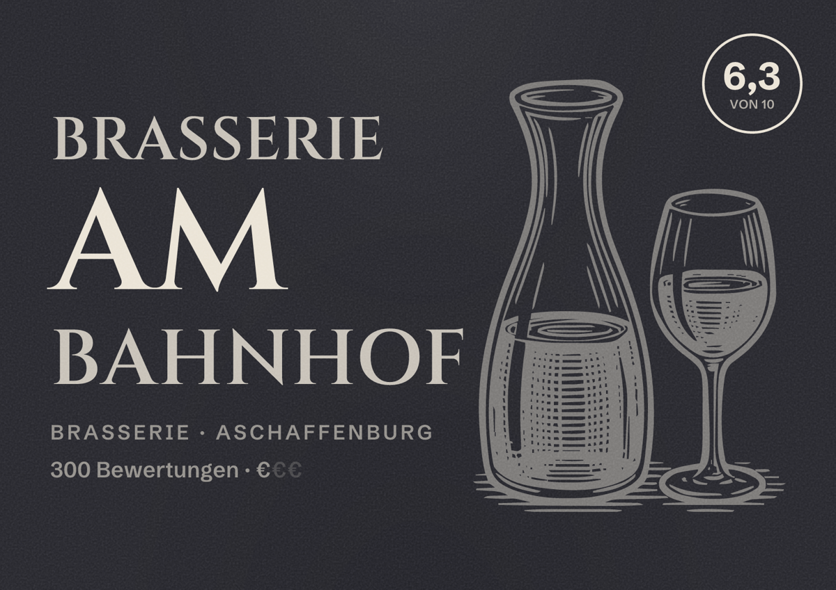 Illustriertes Poster von Brasserie am Bahnhof, Brasserie in Aschaffenburg: Bewertung 6,3 von 10 aus 300 Bewertungen, Preisniveau €