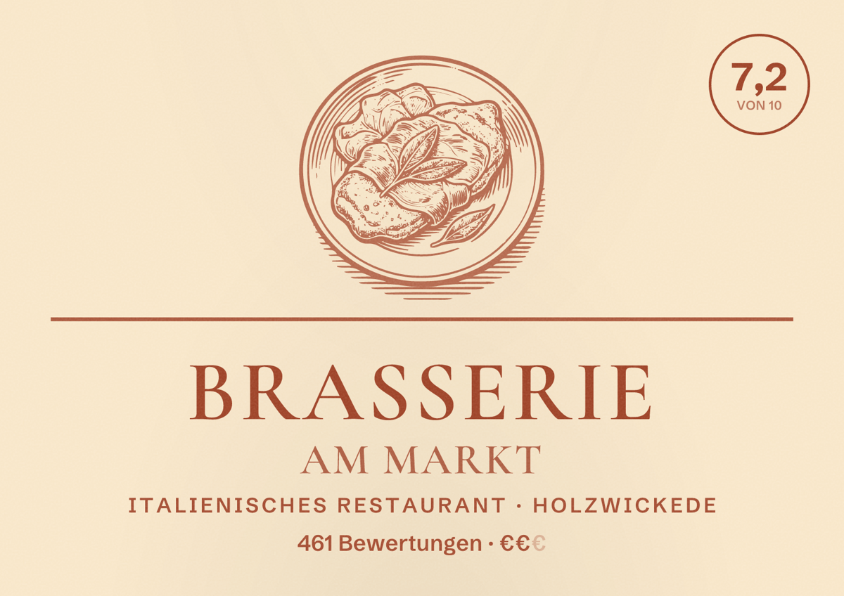 Illustriertes Poster von Brasserie am Markt, Italienisches Restaurant in Holzwickede: Bewertung 7,2 von 10 aus 461 Bewertungen, Preisniveau €€