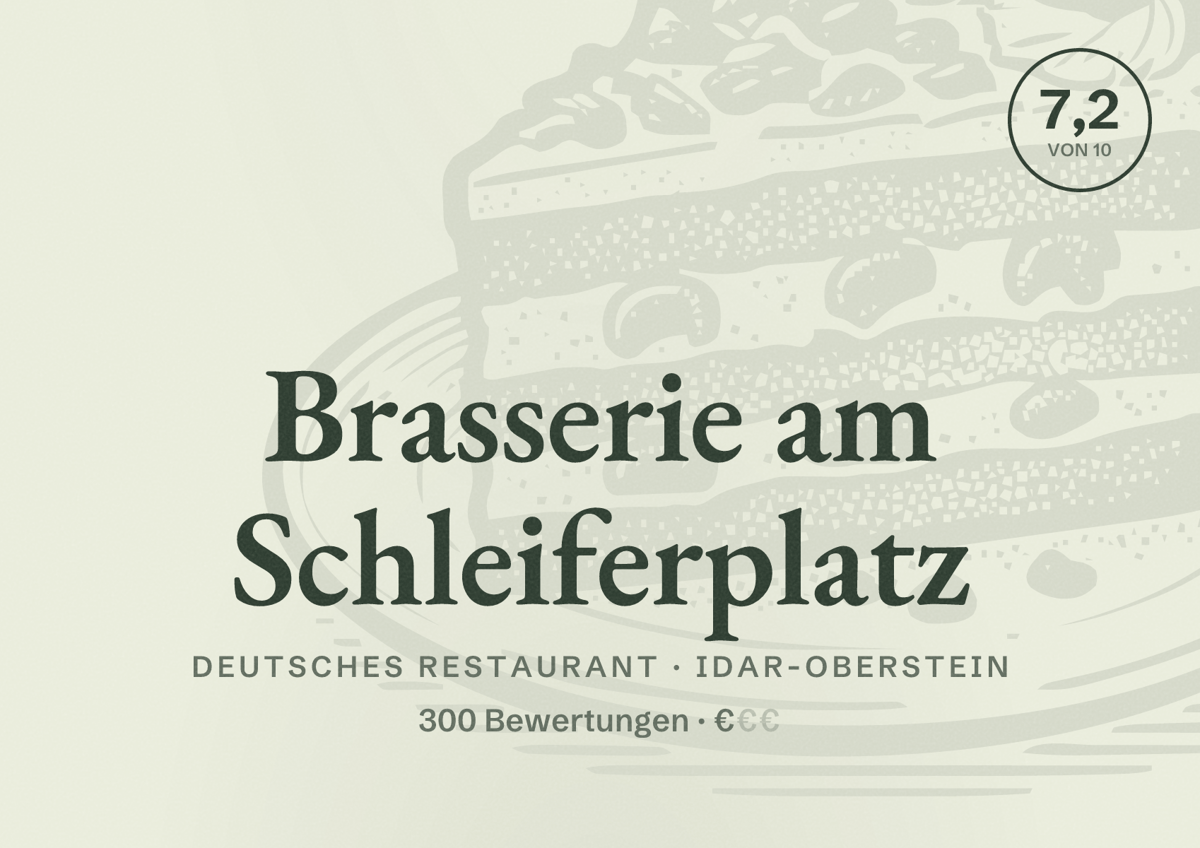 Illustriertes Poster von Brasserie am Schleiferplatz, Deutsches Restaurant in Idar-Oberstein: Bewertung 7,2 von 10 aus 300 Bewertungen, Preisniveau €