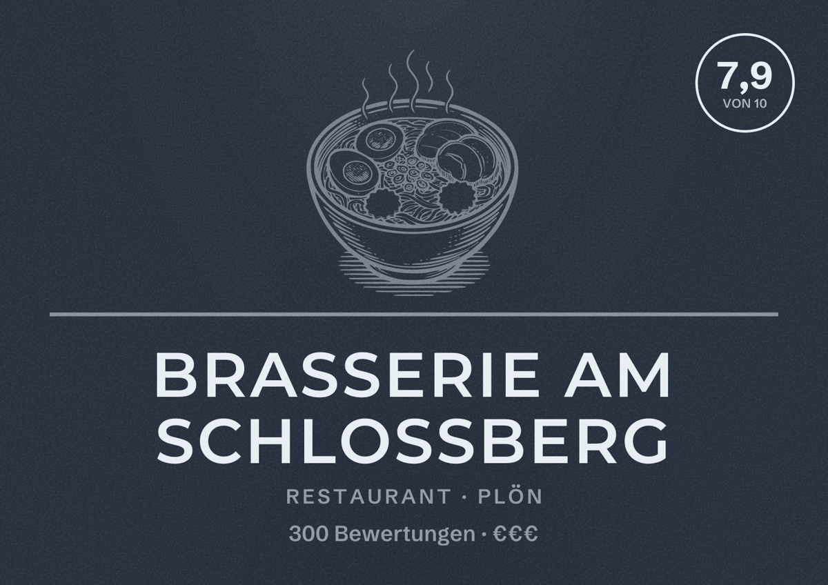 Illustriertes Poster von Brasserie am Schlossberg, Restaurant in Plön: Bewertung 7,9 von 10 aus 300 Bewertungen, Preisniveau €€€
