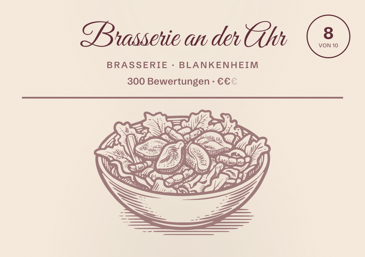 Illustriertes Poster von Brasserie an der Ahr, Brasserie in Blankenheim: Bewertung 8 von 10 aus 300 Bewertungen, Preisniveau €€