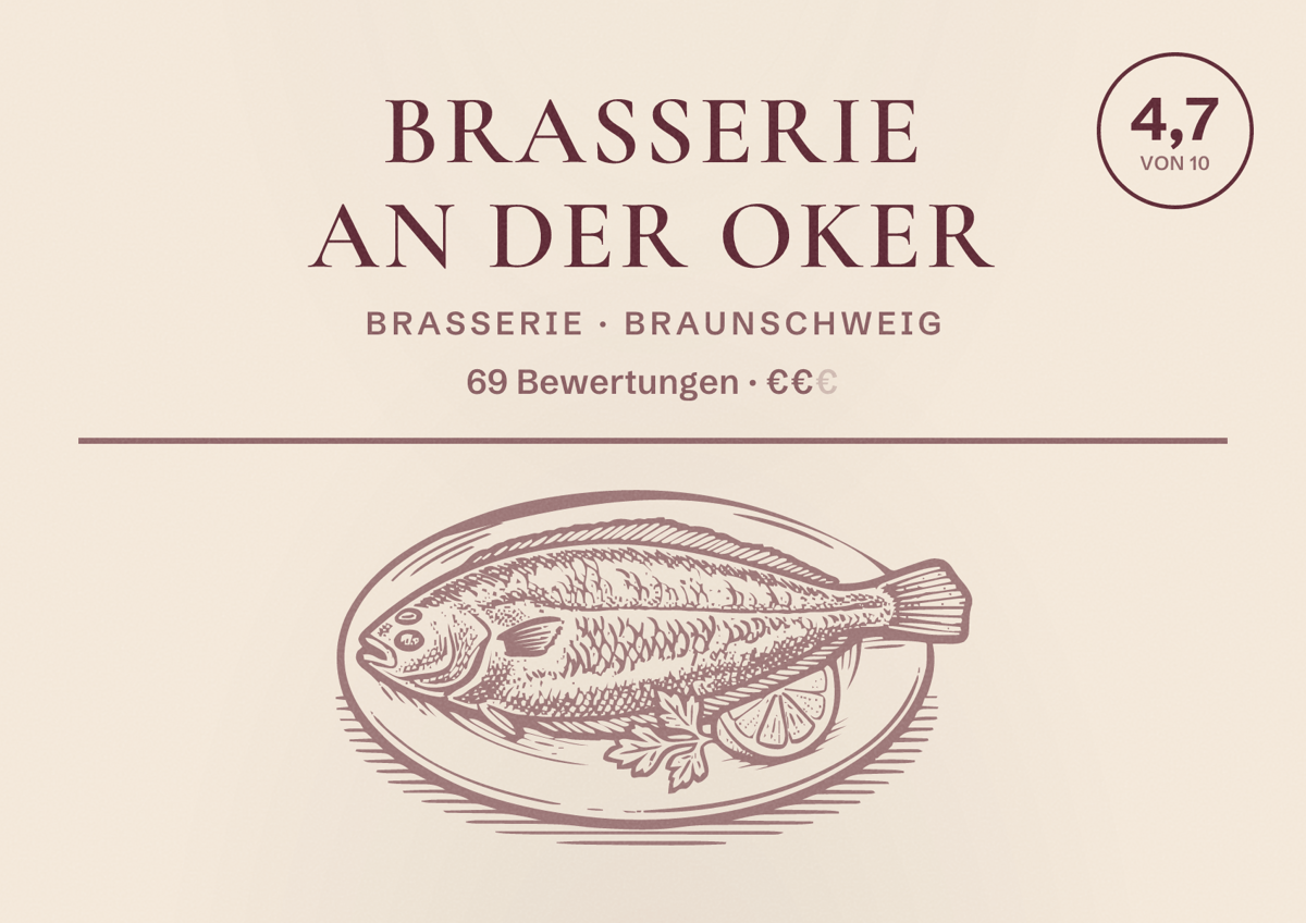 Illustriertes Poster von Brasserie an der Oker, Brasserie in Braunschweig: Bewertung 4,7 von 10 aus 69 Bewertungen, Preisniveau €€