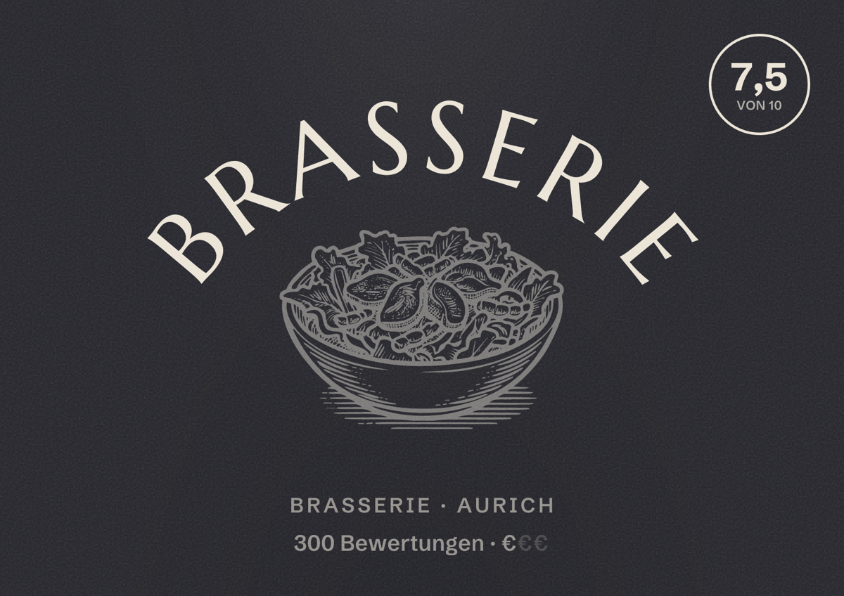 Illustriertes Poster von Brasserie, Brasserie in Aurich: Bewertung 7,5 von 10 aus 300 Bewertungen, Preisniveau €