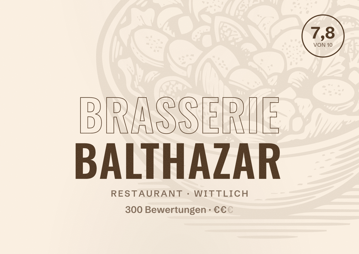 Illustriertes Poster von Brasserie Balthazar, Restaurant in Wittlich: Bewertung 7,8 von 10 aus 300 Bewertungen, Preisniveau €€