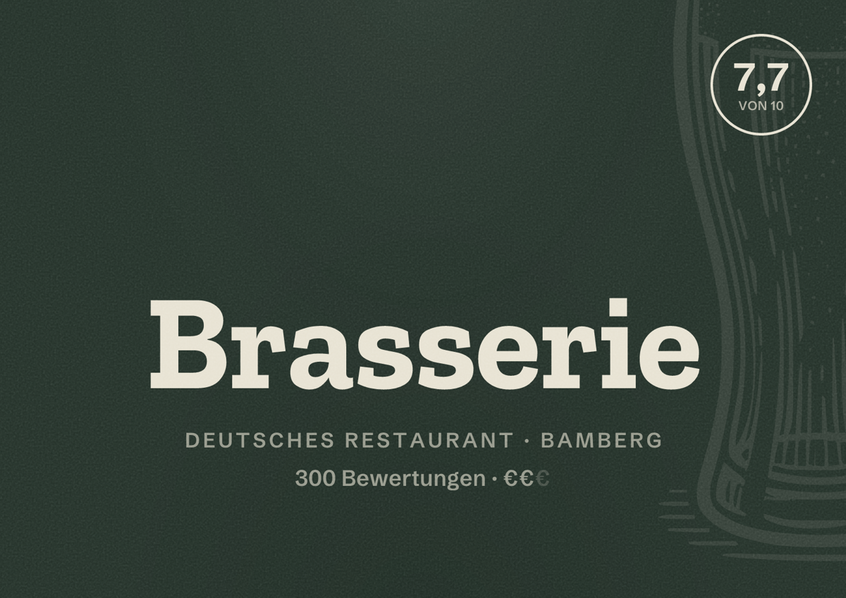Illustriertes Poster von Brasserie, Deutsches Restaurant in Bamberg: Bewertung 7,7 von 10 aus 300 Bewertungen, Preisniveau €€