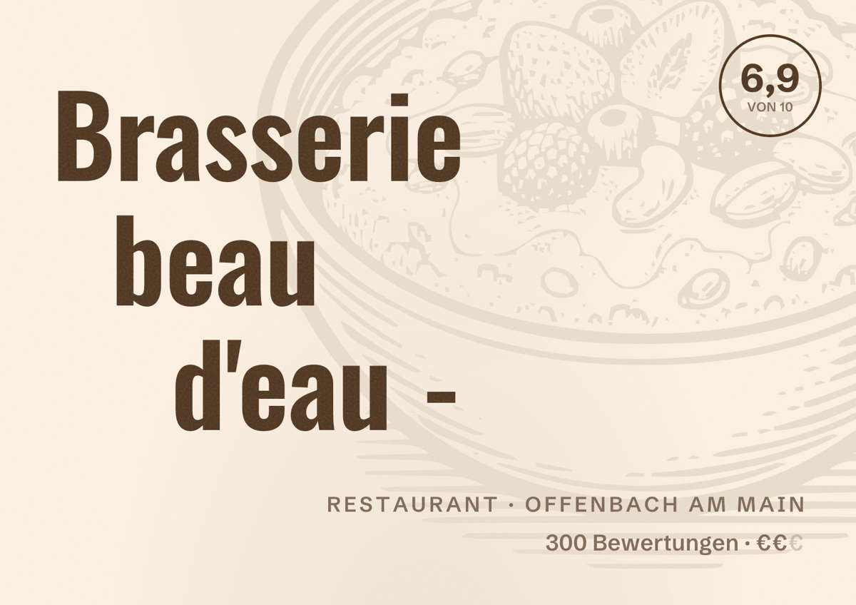 Illustriertes Poster von Brasserie beau d'eau -, Restaurant in Offenbach am Main: Bewertung 6,9 von 10 aus 300 Bewertungen, Preisniveau €€