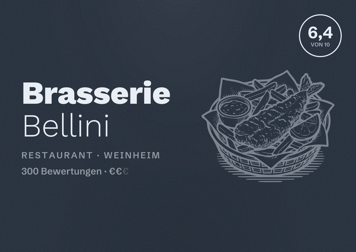 Illustriertes Poster von Brasserie Bellini, Restaurant in Weinheim: Bewertung 6,4 von 10 aus 300 Bewertungen, Preisniveau €€