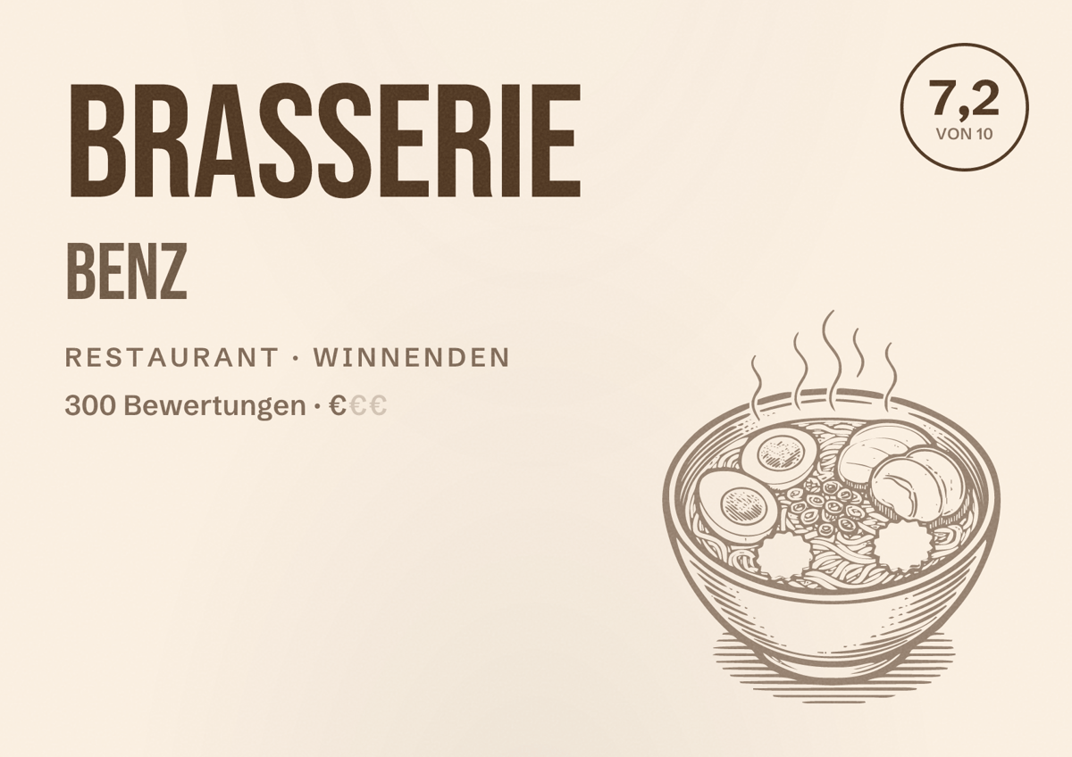 Illustriertes Poster von Brasserie Benz, Restaurant in Winnenden: Bewertung 7,2 von 10 aus 300 Bewertungen, Preisniveau €
