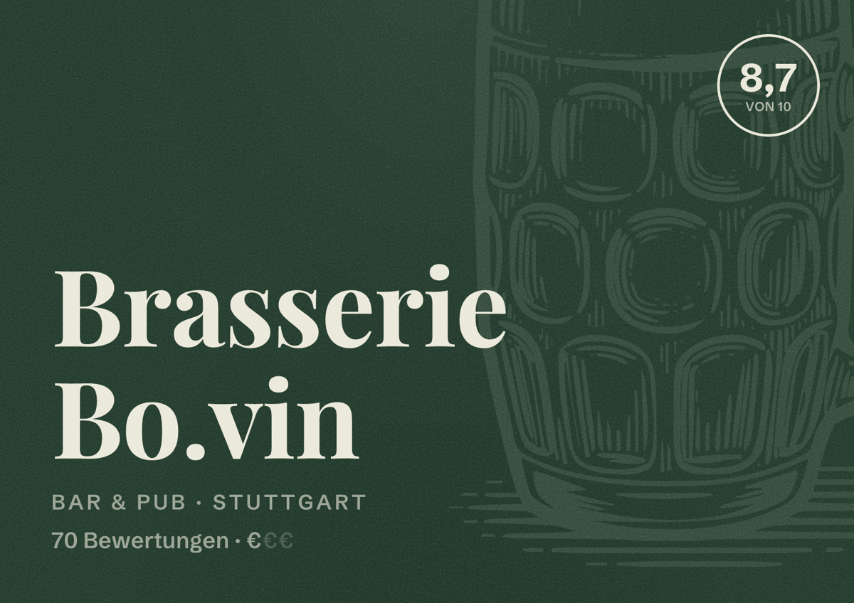 Illustriertes Poster von Brasserie Bo.vin, Bar & Pub in Stuttgart: Bewertung 8,7 von 10 aus 70 Bewertungen, Preisniveau €