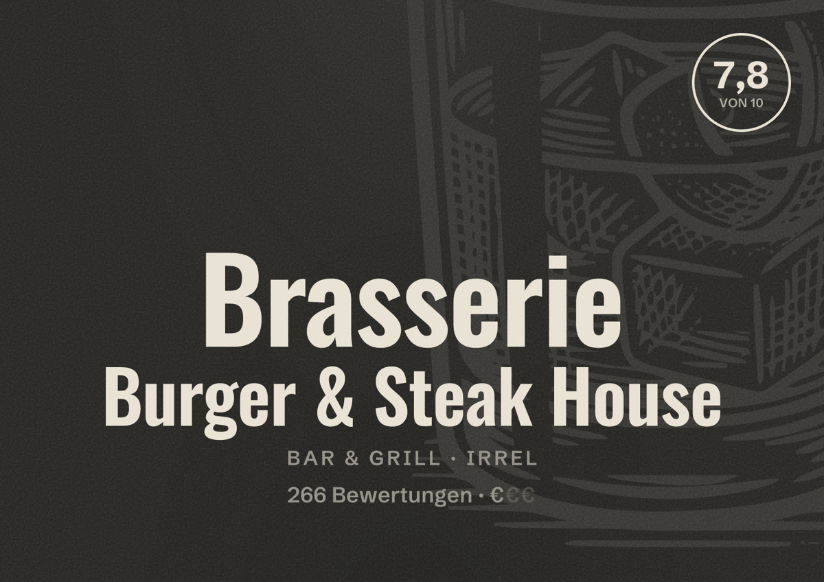 Illustriertes Poster von Brasserie Burger & Steak House, Bar & Grill in Irrel: Bewertung 7,8 von 10 aus 266 Bewertungen, Preisniveau €