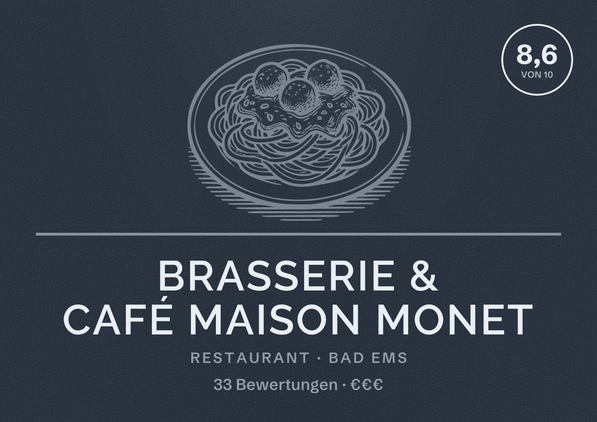 Illustriertes Poster von Brasserie & Café Maison Monet, Restaurant in Bad Ems: Bewertung 8,6 von 10 aus 33 Bewertungen, Preisniveau €€€