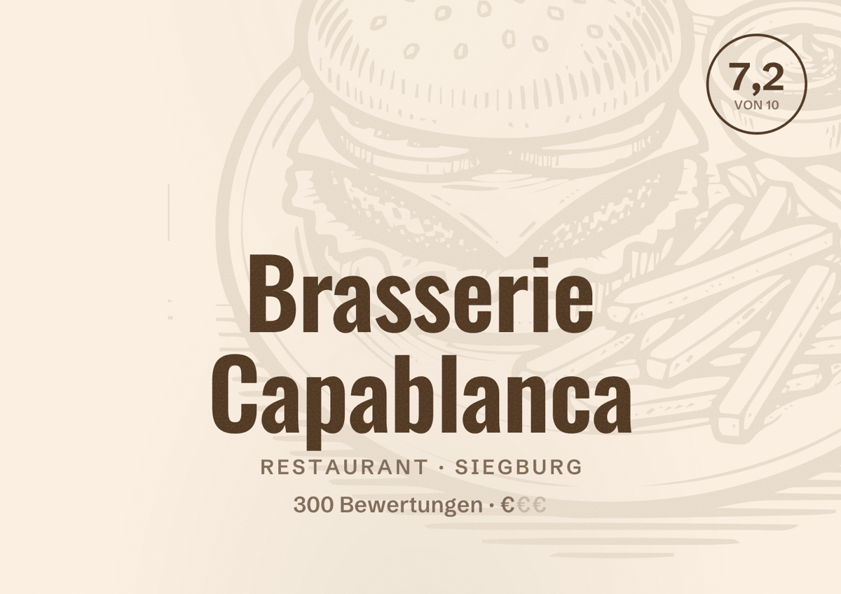 Illustriertes Poster von Brasserie Capablanca, Restaurant in Siegburg: Bewertung 7,2 von 10 aus 300 Bewertungen, Preisniveau €