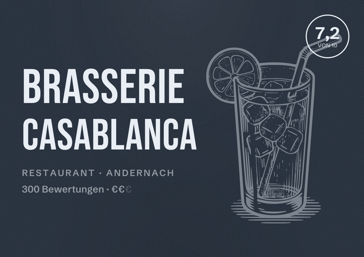 Illustriertes Poster von Brasserie Casablanca, Restaurant in Andernach: Bewertung 7,2 von 10 aus 300 Bewertungen, Preisniveau €€