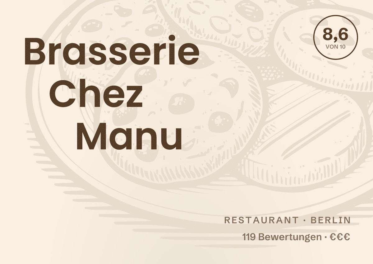 Illustriertes Poster von Brasserie Chez Manu, Restaurant in Berlin: Bewertung 8,6 von 10 aus 119 Bewertungen, Preisniveau €€€