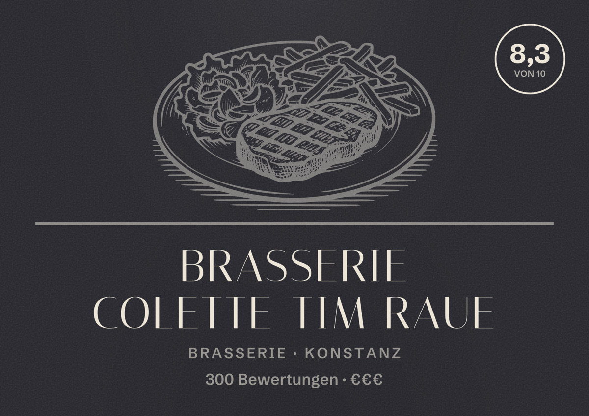 Illustriertes Poster von Brasserie Colette Tim Raue, Brasserie in Konstanz: Bewertung 8,3 von 10 aus 300 Bewertungen, Preisniveau €€€