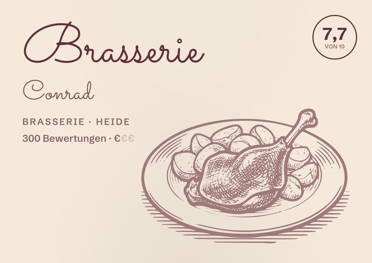 Illustriertes Poster von Brasserie Conrad, Brasserie in Heide: Bewertung 7,7 von 10 aus 300 Bewertungen, Preisniveau €