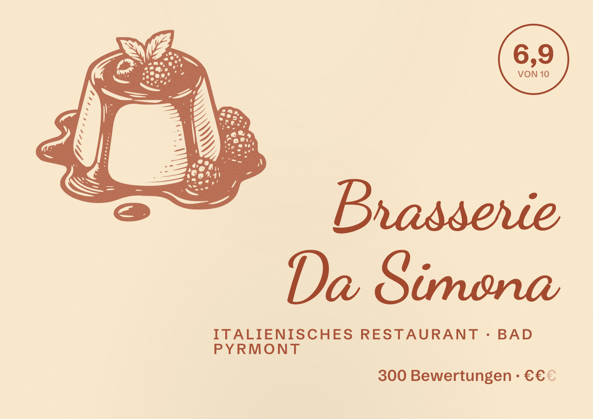 Illustriertes Poster von Brasserie Da Simona, Italienisches Restaurant in Bad Pyrmont: Bewertung 6,9 von 10 aus 300 Bewertungen, Preisniveau €€