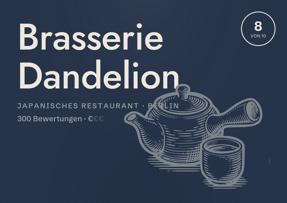 Illustriertes Poster von Brasserie Dandelion, Japanisches Restaurant in Berlin: Bewertung 8,0 von 10 aus 300 Bewertungen, Preisniveau €