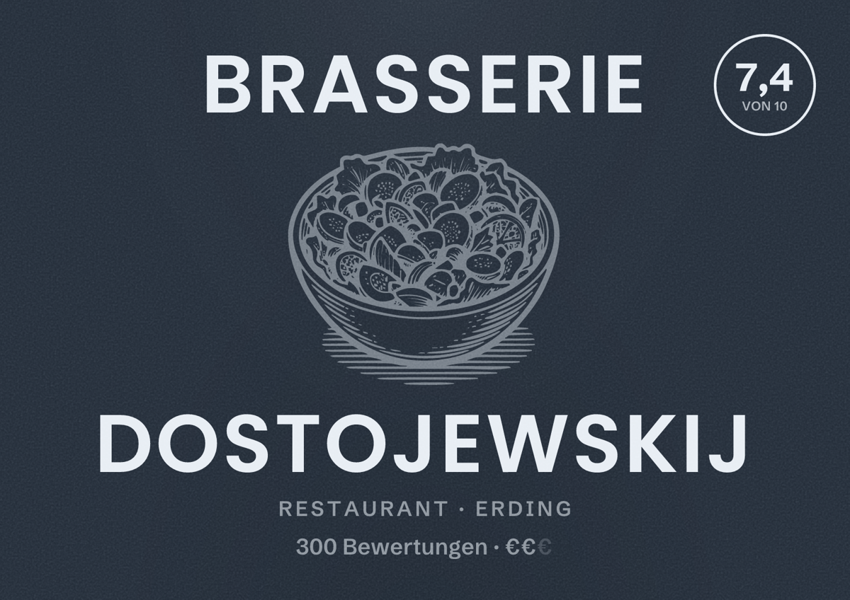 Illustriertes Poster von Brasserie Dostojewskij, Restaurant in Erding: Bewertung 7,4 von 10 aus 300 Bewertungen, Preisniveau €€
