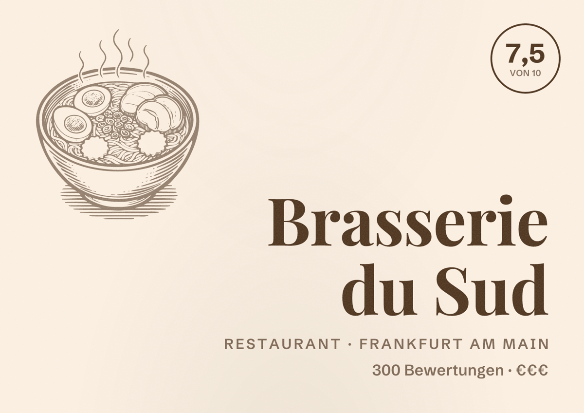 Illustriertes Poster von Brasserie du Sud, Restaurant in Frankfurt am Main: Bewertung 7,5 von 10 aus 300 Bewertungen, Preisniveau €€€