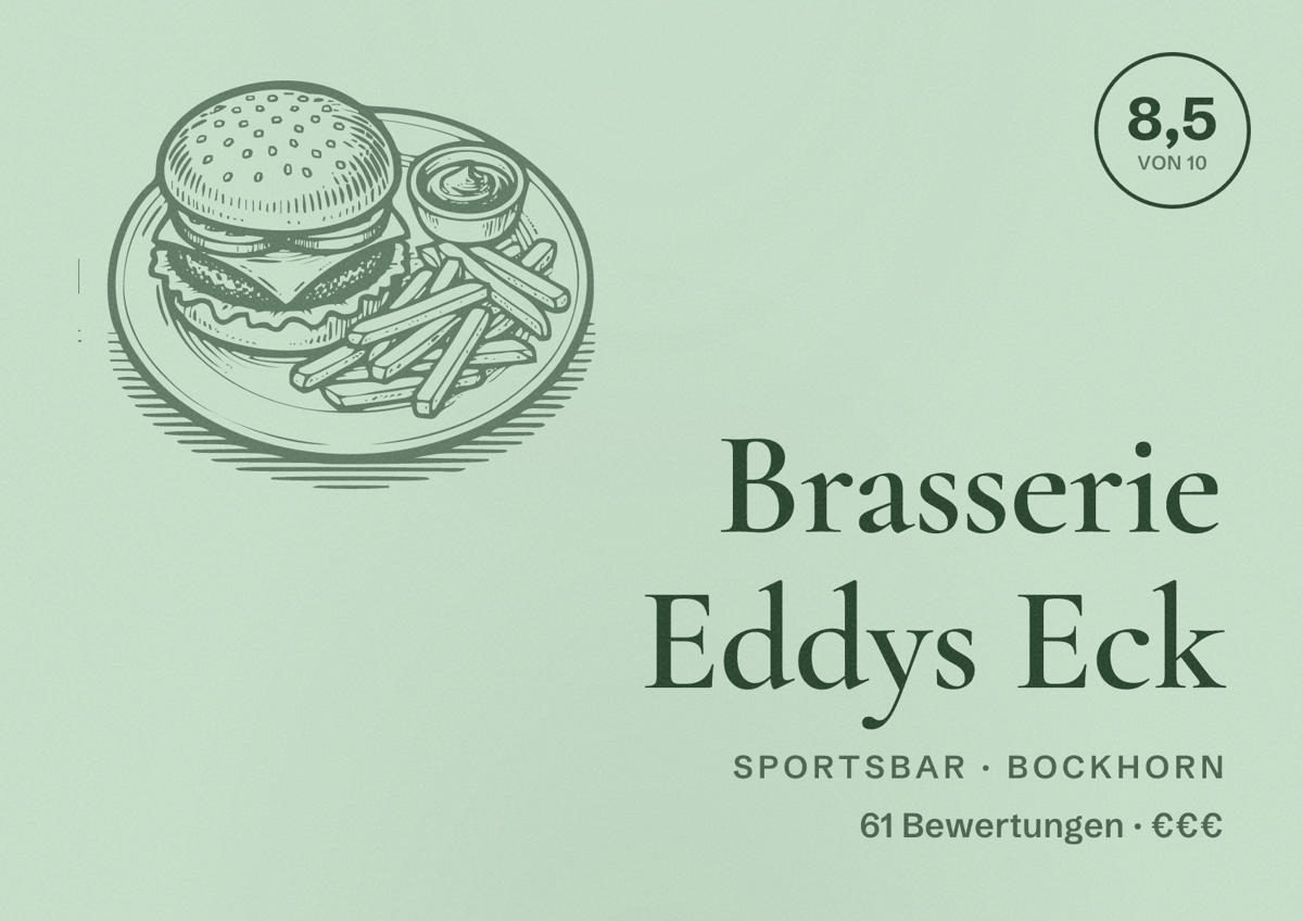 Illustriertes Poster von Brasserie Eddys Eck, Sportsbar in Bockhorn: Bewertung 8,5 von 10 aus 61 Bewertungen, Preisniveau €€€
