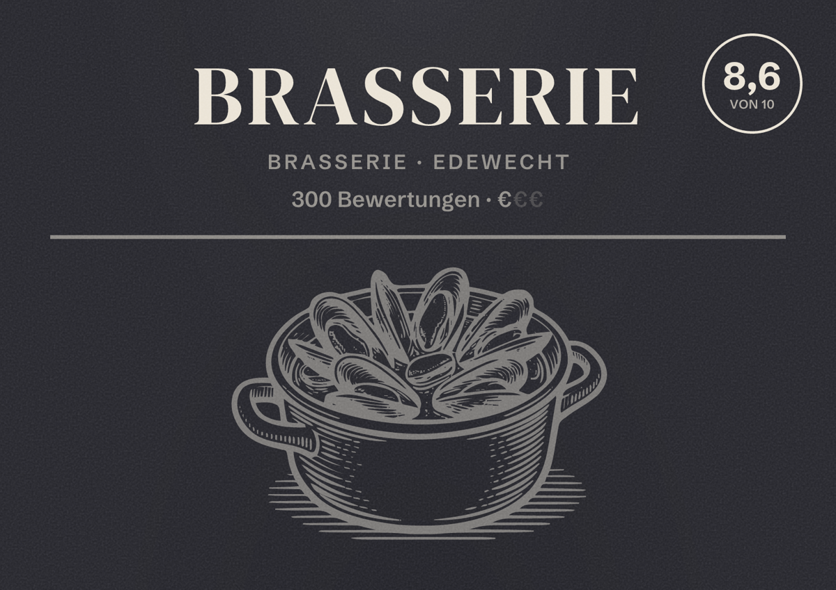 Illustriertes Poster von Brasserie, Brasserie in Edewecht: Bewertung 8,6 von 10 aus 300 Bewertungen, Preisniveau €