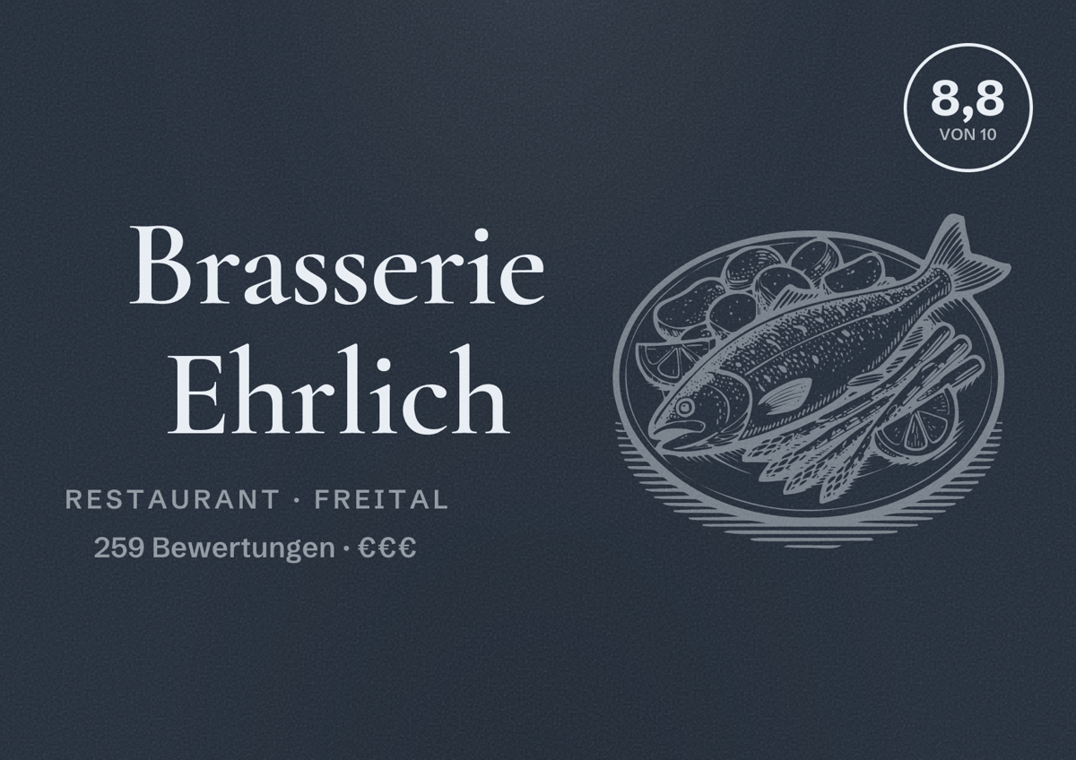 Illustriertes Poster von Brasserie Ehrlich, Restaurant in Freital: Bewertung 8,8 von 10 aus 259 Bewertungen, Preisniveau €€€
