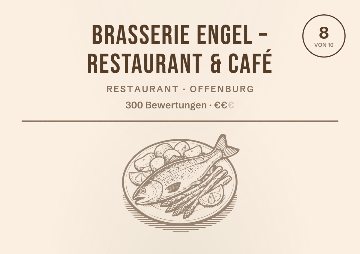 Illustriertes Poster von Brasserie Engel – Restaurant & Café, Restaurant in Offenburg: Bewertung 8 von 10 aus 300 Bewertungen, Preisniveau €€