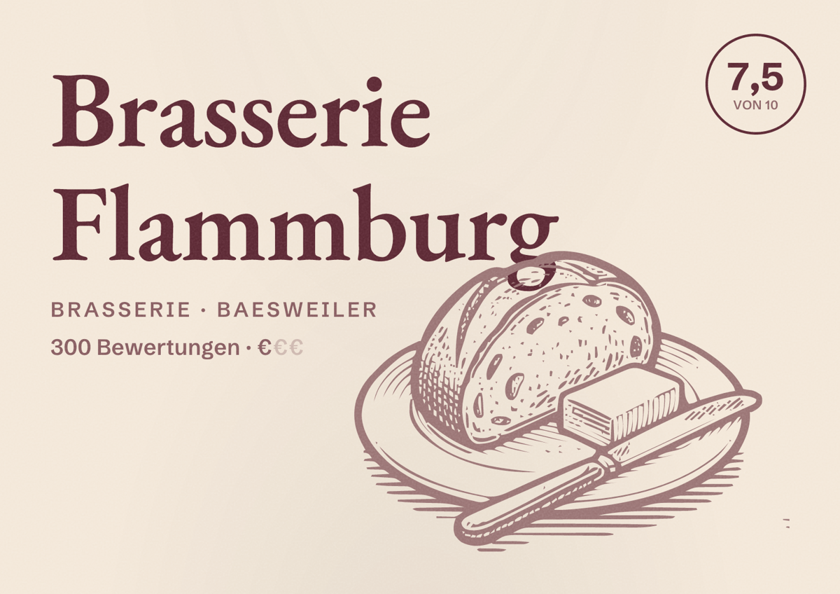 Illustriertes Poster von Brasserie Flammburg, Brasserie in Baesweiler: Bewertung 7,5 von 10 aus 300 Bewertungen, Preisniveau €