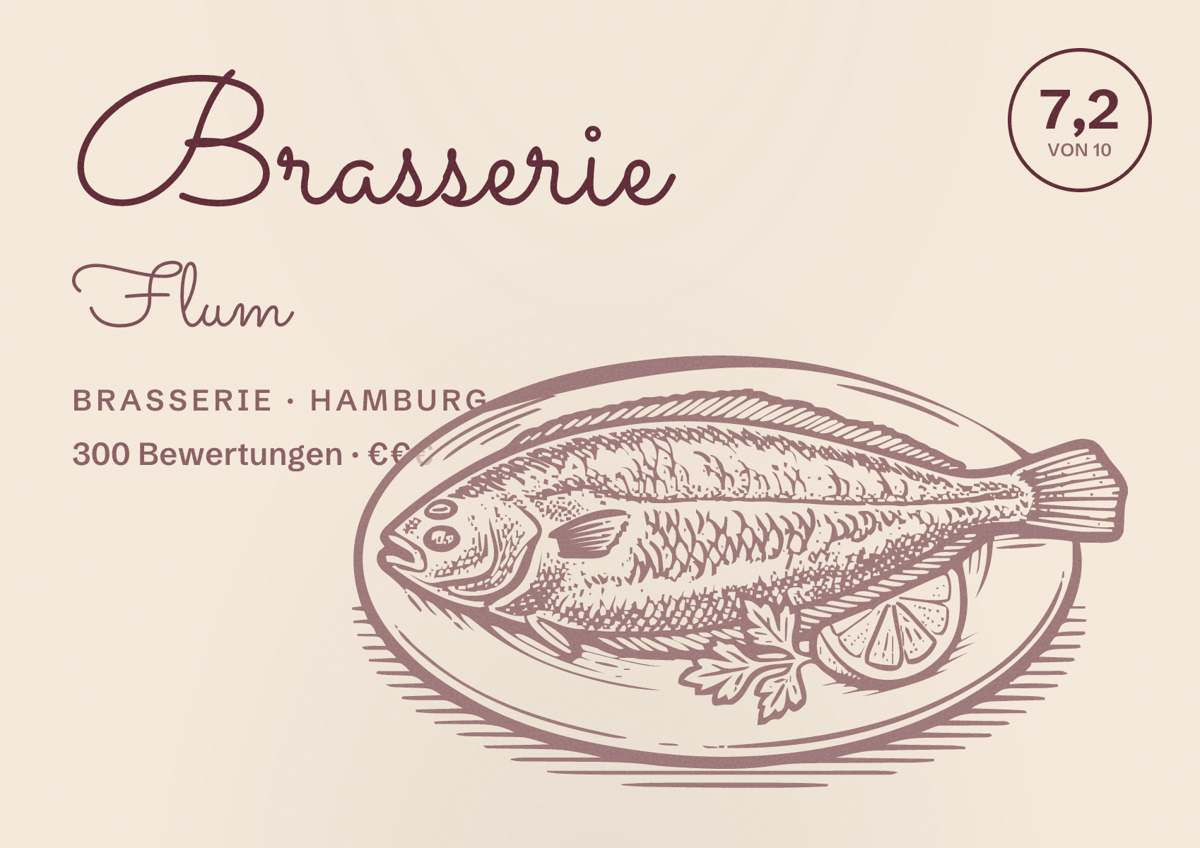 Illustriertes Poster von Brasserie Flum, Brasserie in Hamburg: Bewertung 7,2 von 10 aus 300 Bewertungen, Preisniveau €€