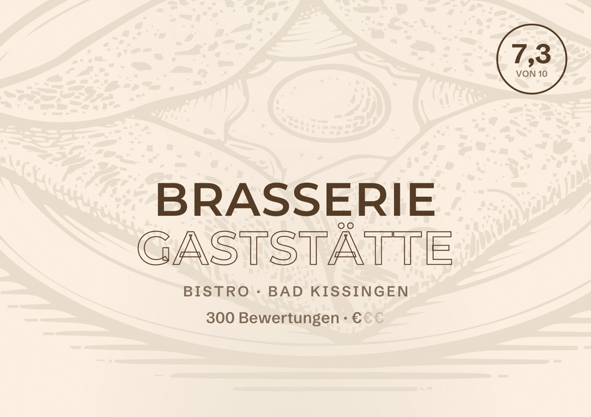 Illustriertes Poster von Brasserie Gaststätte, Bistro in Bad Kissingen: Bewertung 7,3 von 10 aus 300 Bewertungen, Preisniveau €