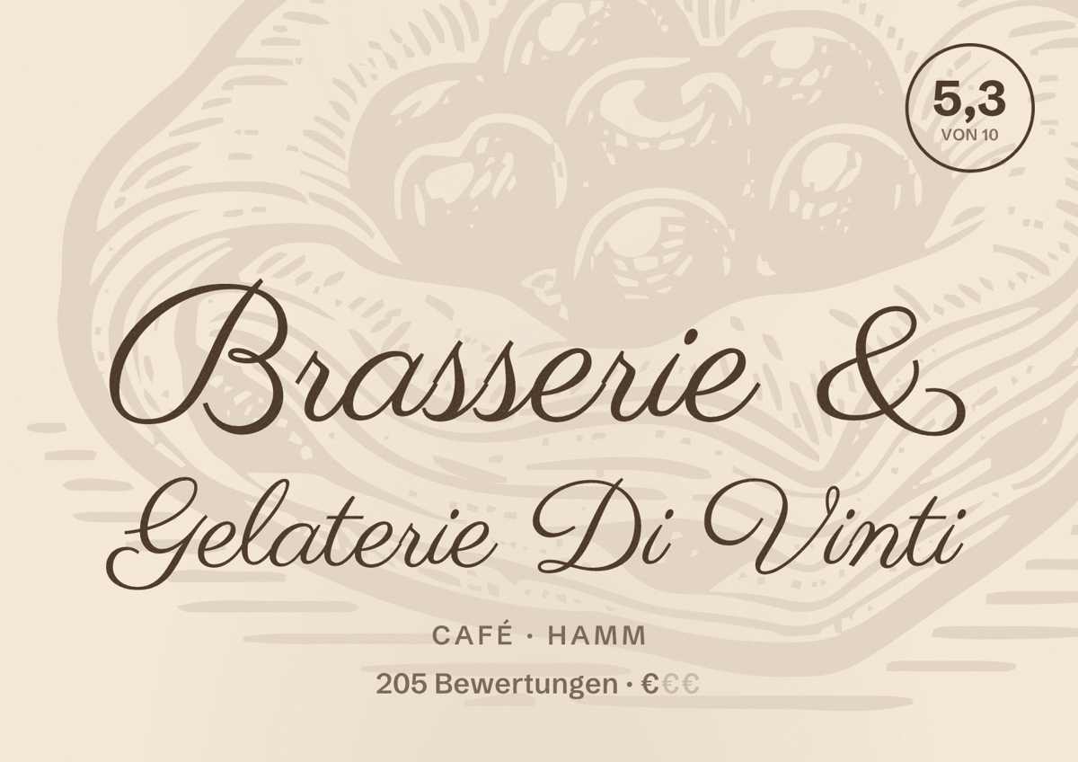 Illustriertes Poster von Brasserie & Gelaterie Di Vinti, Café in Hamm: Bewertung 5,3 von 10 aus 205 Bewertungen, Preisniveau €