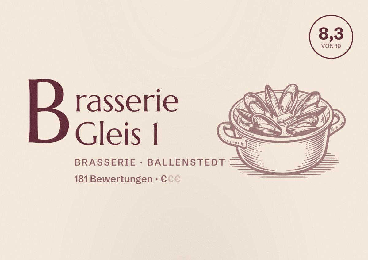 Illustriertes Poster von Brasserie Gleis 1, Brasserie in Ballenstedt: Bewertung 8,3 von 10 aus 181 Bewertungen, Preisniveau €