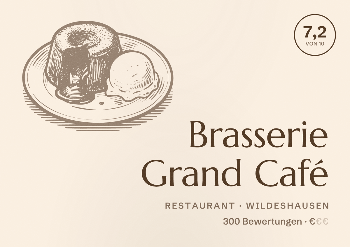 Illustriertes Poster von Brasserie Grand Café, Restaurant in Wildeshausen: Bewertung 7,2 von 10 aus 300 Bewertungen, Preisniveau €