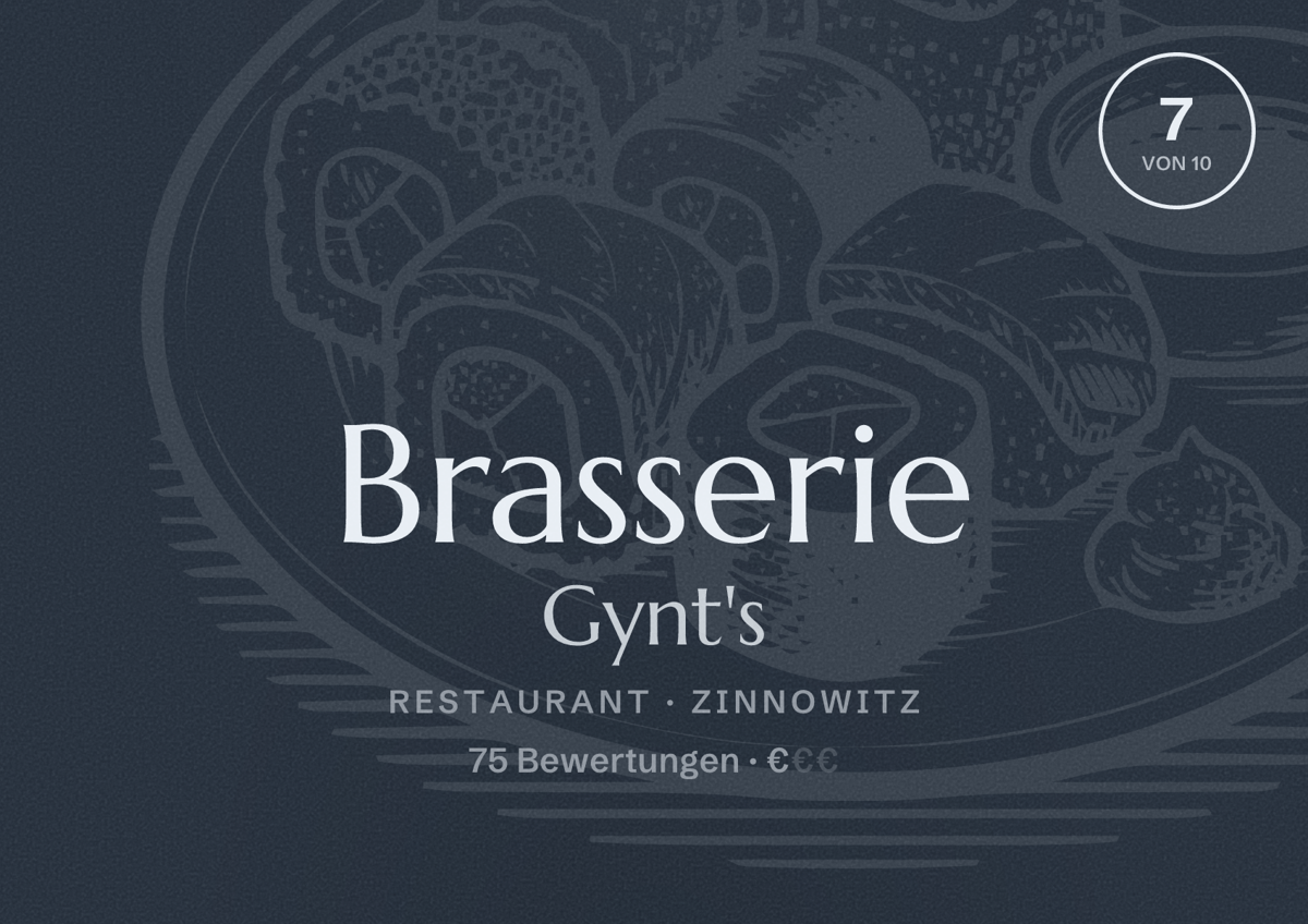 Illustriertes Poster von Brasserie Gynt's, Restaurant in Zinnowitz: Bewertung 7 von 10 aus 75 Bewertungen, Preisniveau €