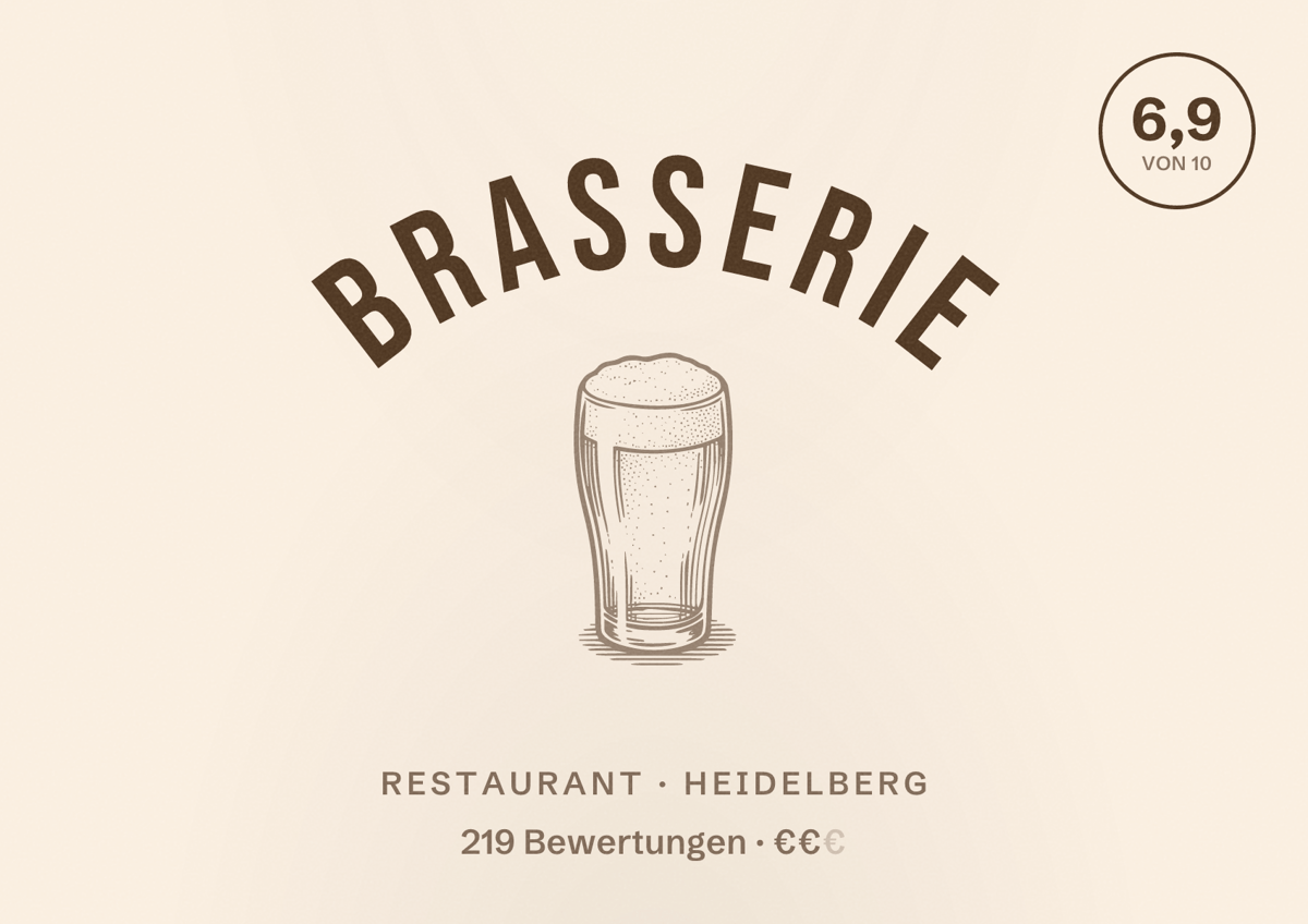 Illustriertes Poster von Brasserie, Restaurant in Heidelberg: Bewertung 6,9 von 10 aus 219 Bewertungen, Preisniveau €€